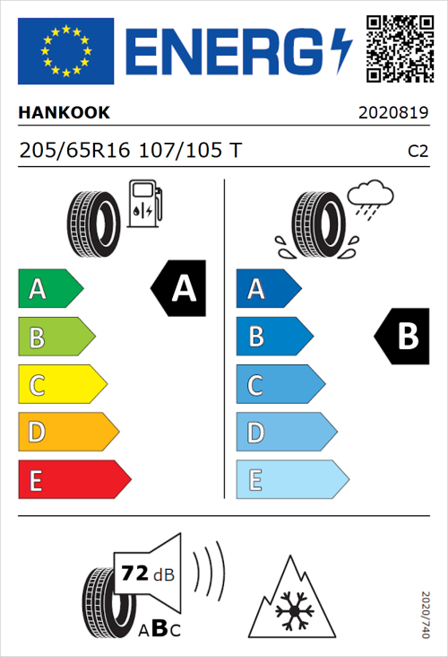 Tyre Label for Hankook Vantra LT RA18 205/65R16 107/105T