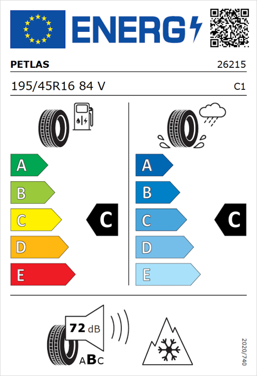 Tyre Label for Petlas Multi Action PT565 195/45R16 84V