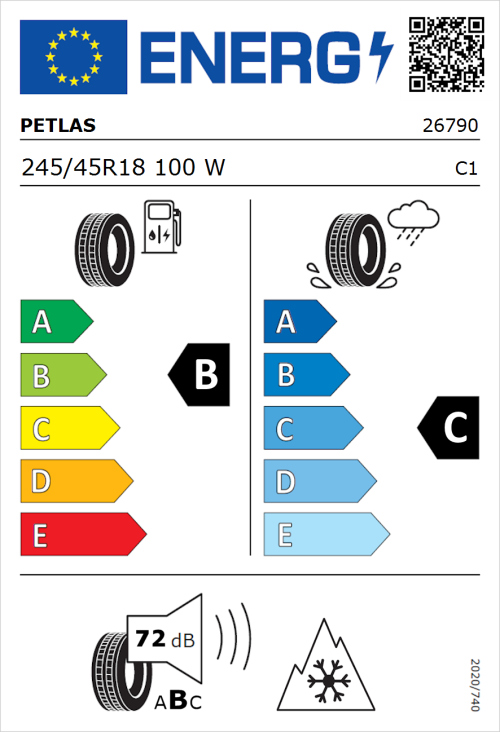 Tyre Label for Petlas Multi Action PT565 245/45R18 100W
