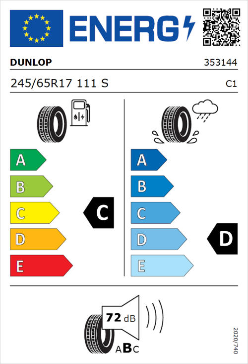Tyre Label for Dunlop Grandtrek AT20 245/65R17 111S