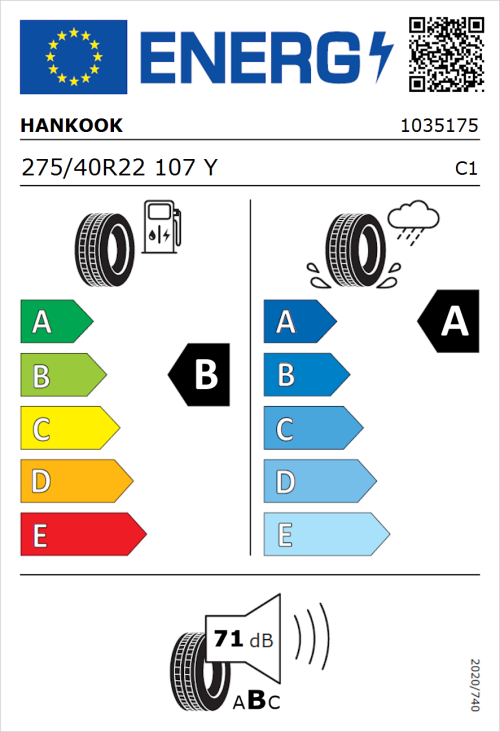 Tyre Label for Hankook Ventus Evo (K137A) 275/40R22 107Y