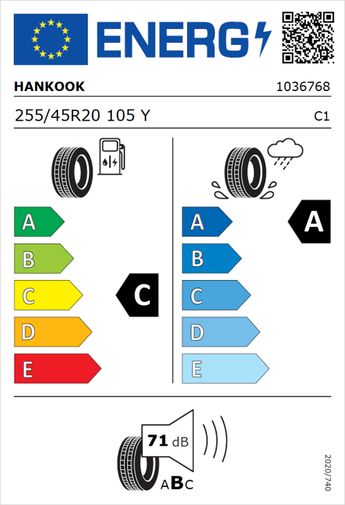 Tyre Label for Hankook Ventus Evo (K137A) 255/45R20 105Y