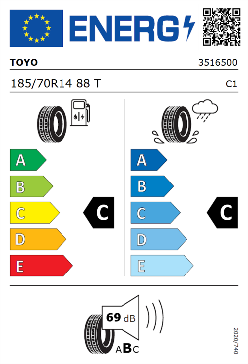 Tyre Label for Toyo Nanoenergy 3 185/70R14 88T