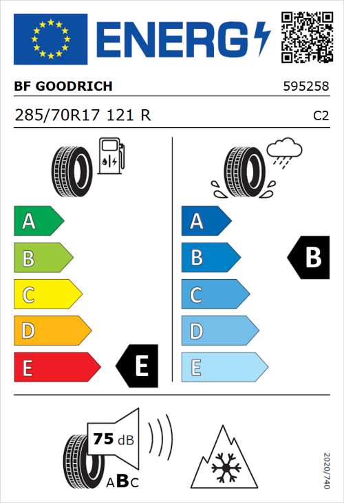 Tyre Label for BF Goodrich All Terrain T/A KO2 RWL 285/70R17 121R