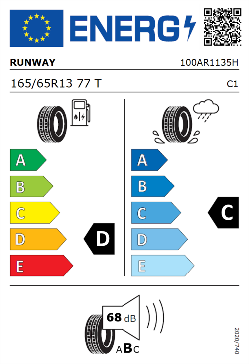Tyre Label for Runway Enduro HP 165/65R13 77T